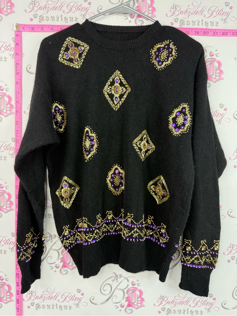 Sweater lambswool vintage Black Embellished Sweater with Gold and Purple Accents